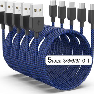 USB Type C Cable 5pack (3/3/6/6/10FT) Fast Charging 3.1A Quick Charge USB A to USB Type C Charger Cord for Samsung Galaxy S20 S10 S9 S8 A73 A51 A13, Note 20 10, LG G8 G7 Controller-Blue