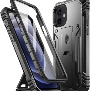 Full-Body Rugged Dual-Layer Shockproof Protective Cover with Kickstand and Built-in-Screen Protector, Black – iPhone 12/12 Pro